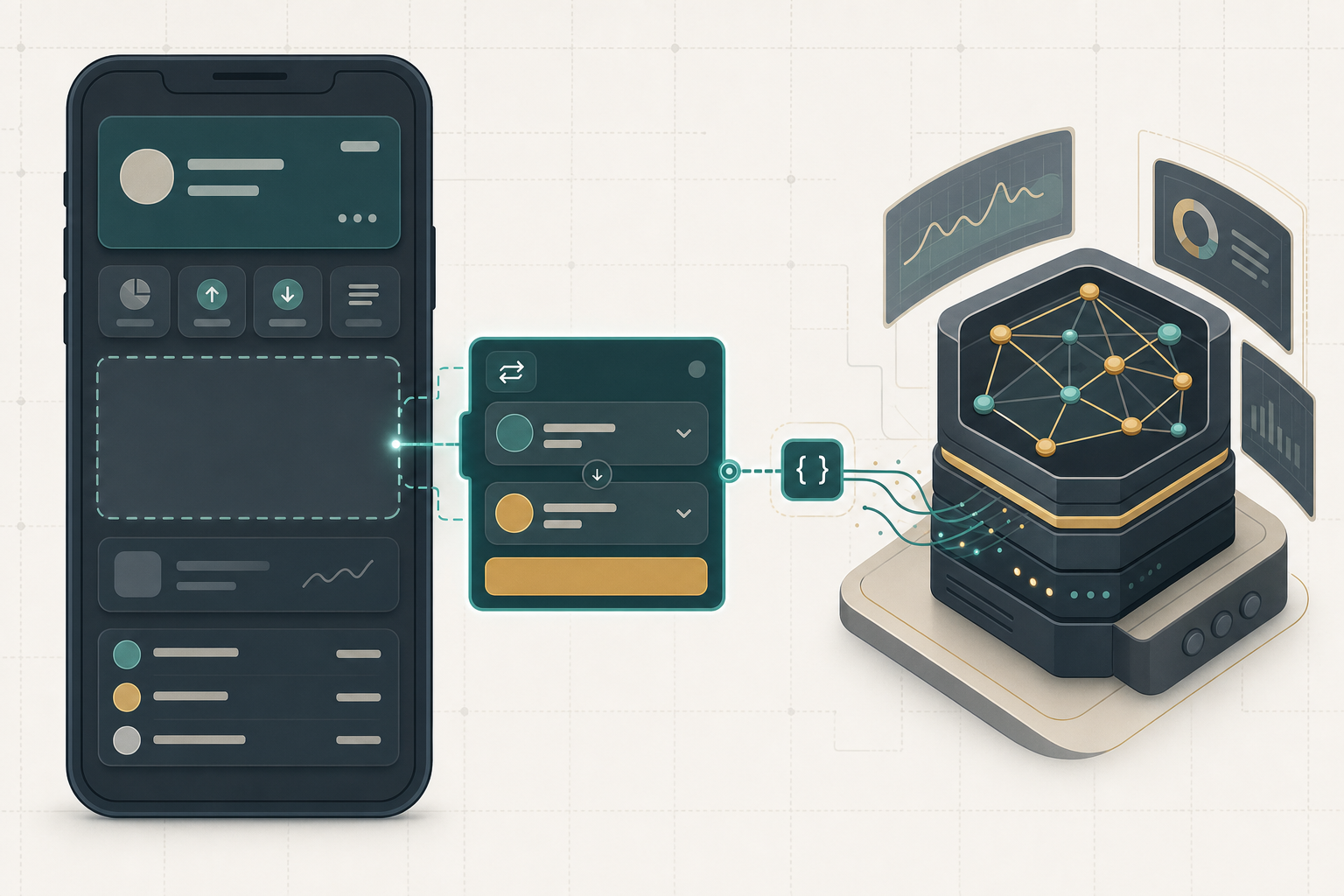 Mobile wallet app with a swap widget component connecting via API to a crypto routing engine, technical illustration