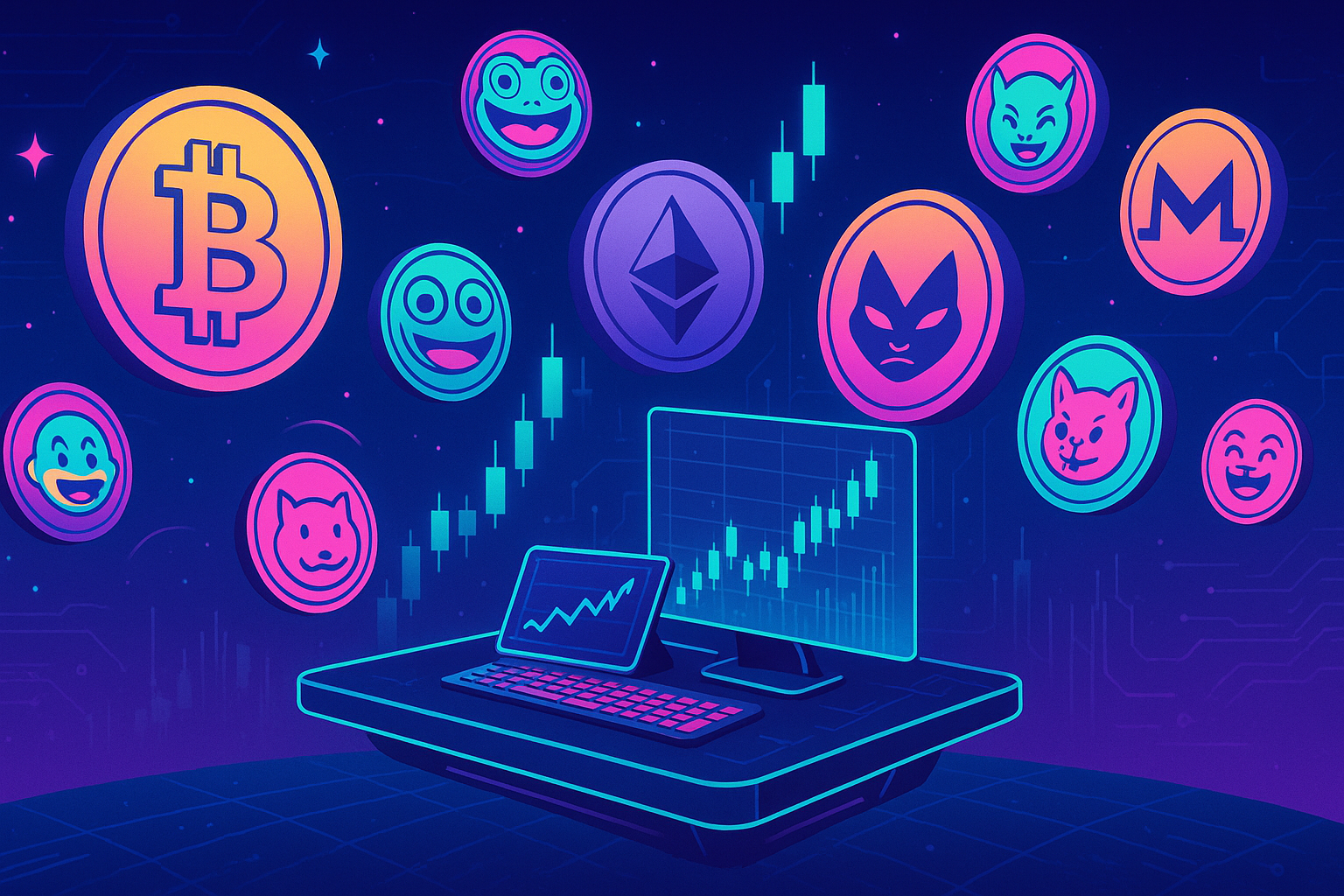 Futuristic crypto trading desk in space with glowing meme coins and rising charts