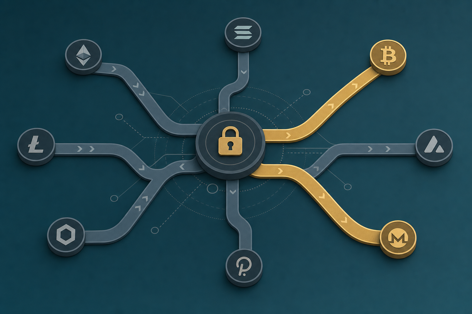 Abstract illustration of multiple crypto swap routes branching from a central privacy-lock junction, one path highlighted gold.