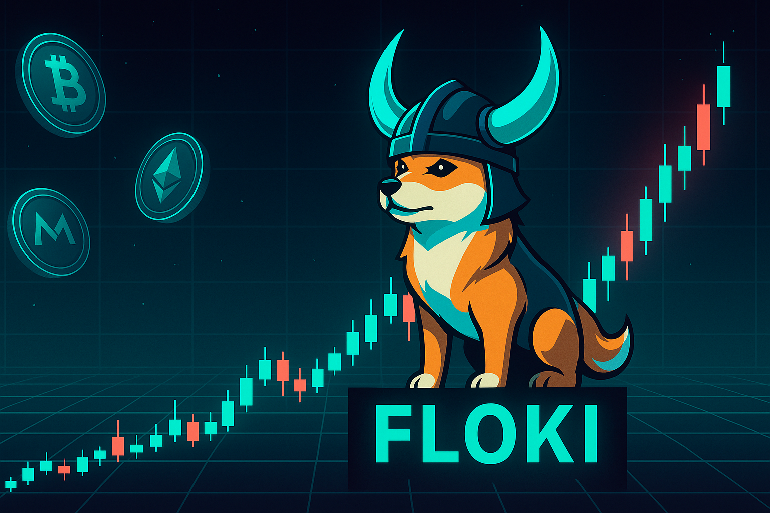 Futuristic Viking Shiba Inu on rising FLOKI candlestick chart with crypto coins