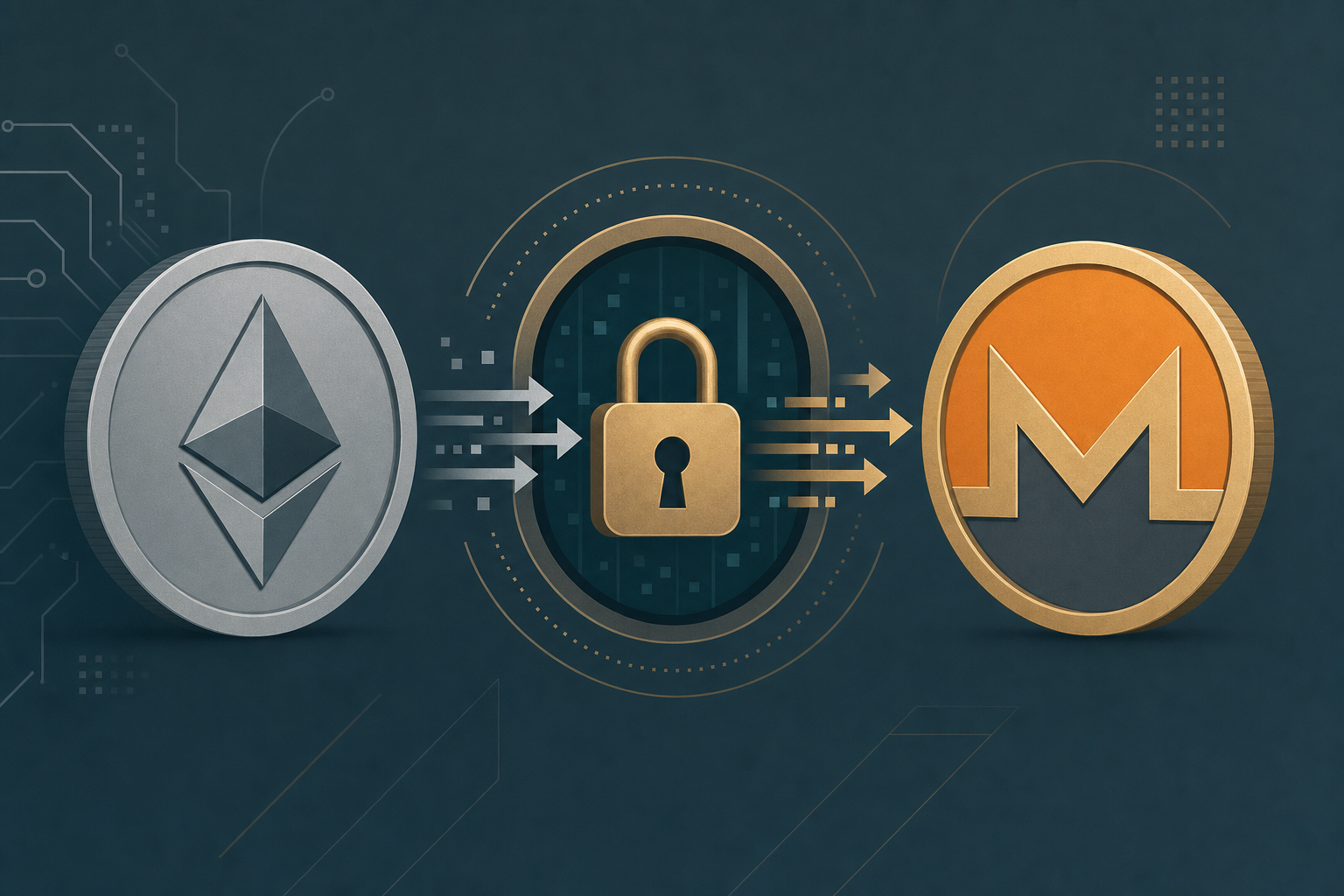 Illustration of an Ethereum token converting into a Monero token through a privacy lock icon