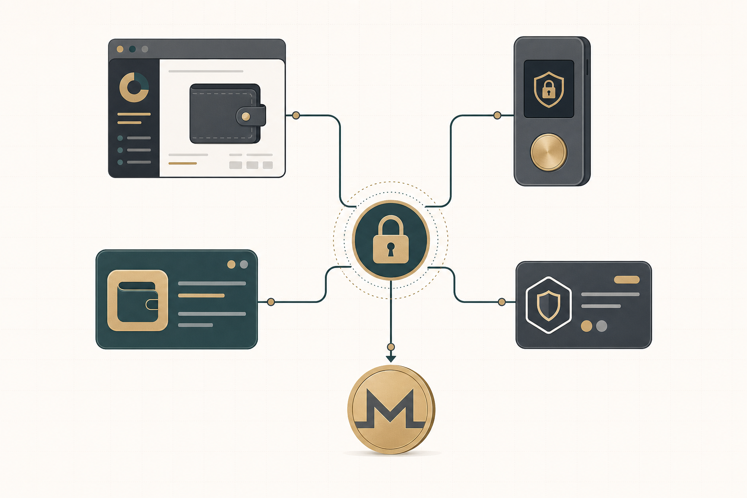 Illustration of four crypto wallets routing Bitcoin through a privacy lock into a single Monero coin