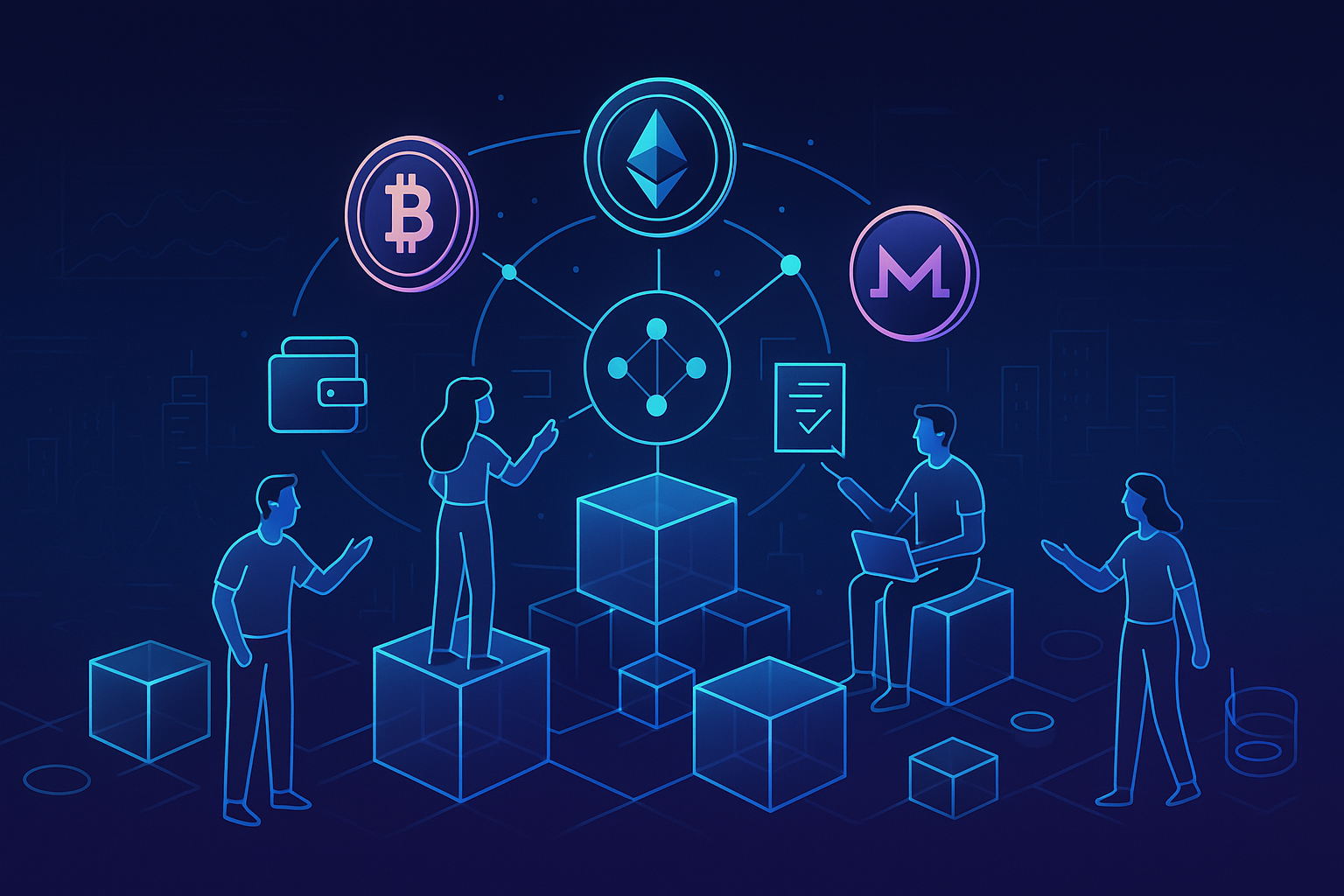 Futuristic blockchain city with crypto users exploring DeFi networks