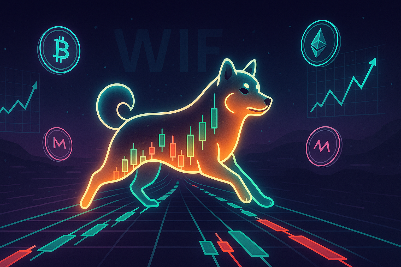Futuristic Shiba Inu WIF price candles racing along a crypto chart highway